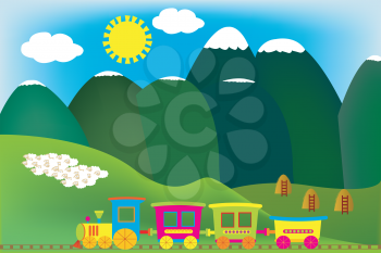 Mountain landscape with cartoon train and flock of sheeps