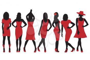 Collection of women silhouettes in red dress posing in fashion style 