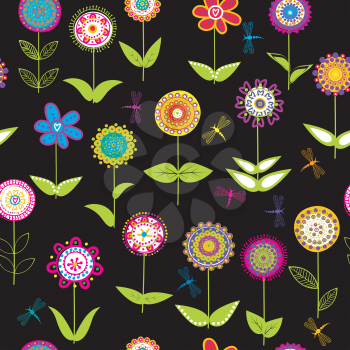 Whimsical flowers seamless over black background