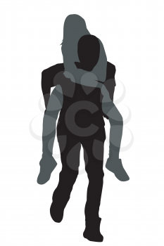 Silhouettes of young male carrying his girlfriend piggyback against a white background
