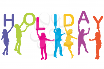 Children silhouettes holding colored letters building the  word Holiday