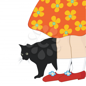 Cartoon girl feet with black cat