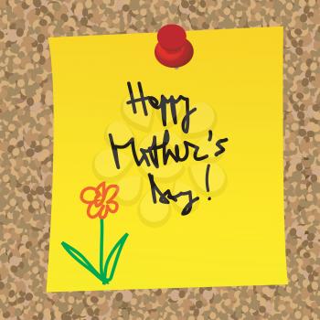 Paper note with HAPPY MOTHER'S DAY message on a cork board