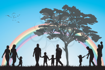 Gay and lesbian couples and family with children over an rainboww background