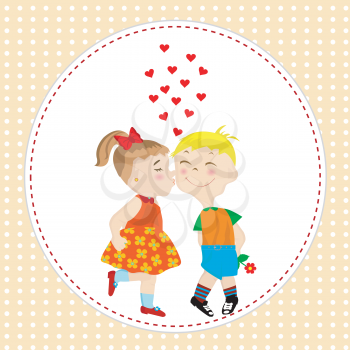 Cartoon greeting card with boy and girl kissing