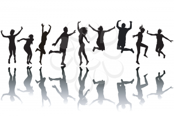 Silhouettes of women and men jumping
