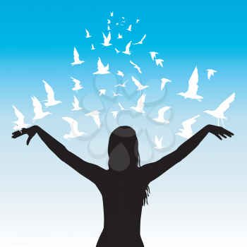 Learning to fly abstract concept with silhouettes of woman and white birds