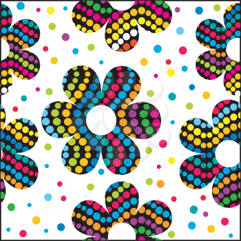 Seamless pattern with colored dotted flowers on white background
