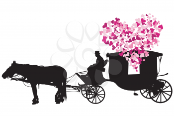 Love carriage with pink hearts on white background