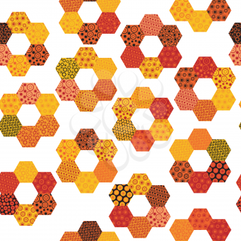Patchwork pattern with flowers made of hexagonal patches on white background