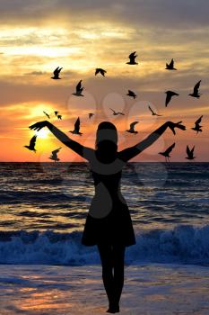 Young woman silhouette with birds on the seaside