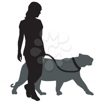 Silhouette of a woman with a panther on a walk
