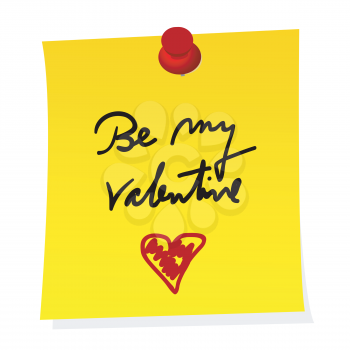 Be my valentine note on yellow paper sticker with push pin
