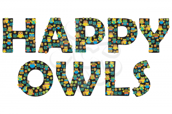 Happy owls typography with floral and cartoon owls letters