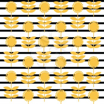 Vintage pattern with stylized sunflowers on striped background