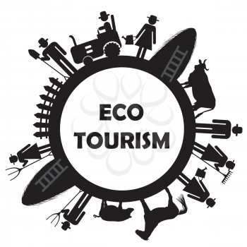 Eco tourism icon with farm worker pictograms