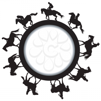 Circular frame with silhouettes of horse riders