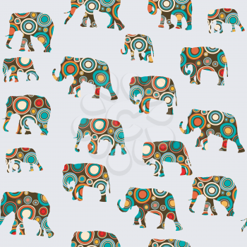 Abstract colorful seamless pattern with silhouettes of elephants