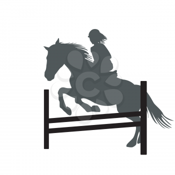 Silhouette of a  rider girl on horse jumping over obstacle