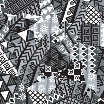 Black and white patchwork background with african motifs