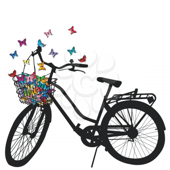 Abstract illustration of a bicycle silhouette with colored butterflies flying from its basket