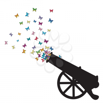 Abstract illustration with cannon silhouette and colored butterflies
