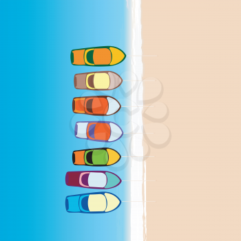 Aerial view of boats parking along the sand beach, cartoon style