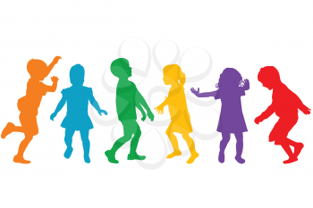 Colored kids silhouettes playing on white background