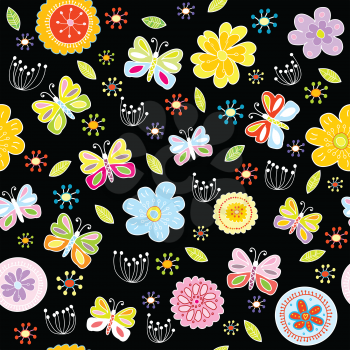 Floral pattern with butterflies on black background