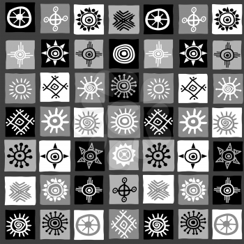 Black and white squares with african motifs