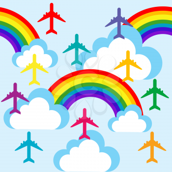 Cartoon sky with clouds, rainbows and planes