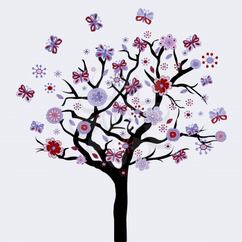 Abstract floral tree with flowers and butterflies
