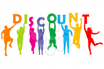 Silhouette of people holding letters with word Discount