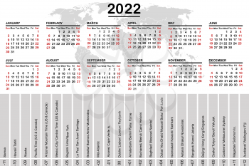 2022 calendar with world map and time zones