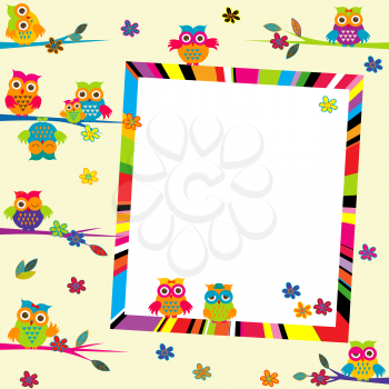Greeting card with cartoon owls and frame