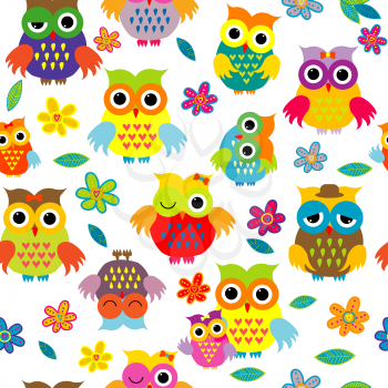 Seamless cute pattern whith cartoon owls on white background