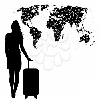 Stewardess silhouette with planes flying  above the world map