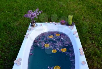 Top view of a bathtub with blue water and lilacs flowers on the grass