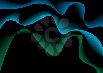 Royalty Free Clipart Image of a Black Background With Green and Blue Flowing Ribbons