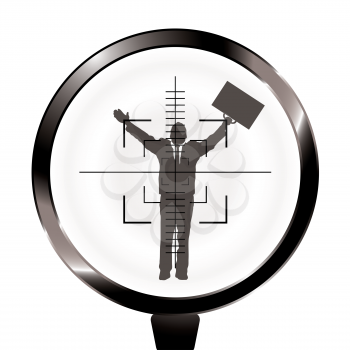 Royalty Free Clipart Image of a Man in a Suit Holding a Briefcase Up While Caught in Rifle Crosshairs