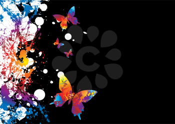 Royalty Free Clipart Image of Two Rainbow Butterflies on Black With a Spatter Border