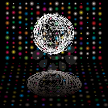 Royalty Free Clipart Image of a Scribble Ball in Front of Coloured Lights