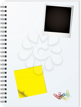 Royalty Free Clipart Image of a Folder With a Post-it, Polaroid and Paperclips