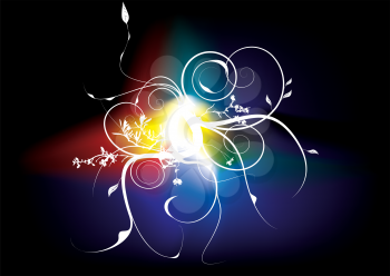 Royalty Free Clipart Image of a Black Background With Rainbow Colours and a Flourish in the Centre