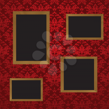 Royalty Free Clipart Image of Four Blank Frames on a Red Wall
