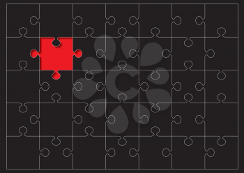 Royalty Free Clipart Image of a Black Jigsaw With a Red Piece Missing
