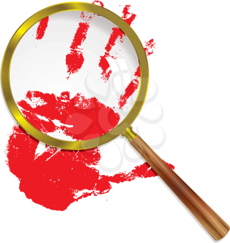Royalty Free Clipart Image of a Bloody Hand Print Under a Magnifying Glass