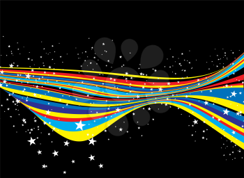 Royalty Free Clipart Image of a Black Background With a Rainbow Band and Stars