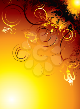 Royalty Free Clipart Image of a Sun and Grungy Flourishes
