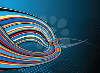 Royalty Free Clipart Image of Wavy Rainbow Lines Over Blue